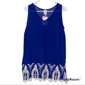 Pink Owl medium women’s royal blue sheer tank lace crochet bottom trim